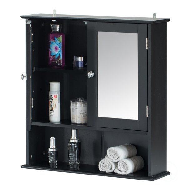 Basicwise Black Mirror Wall Mounted Cabinet For the Bathroom and Vanity with Adjustable Shelves QI004020.BK